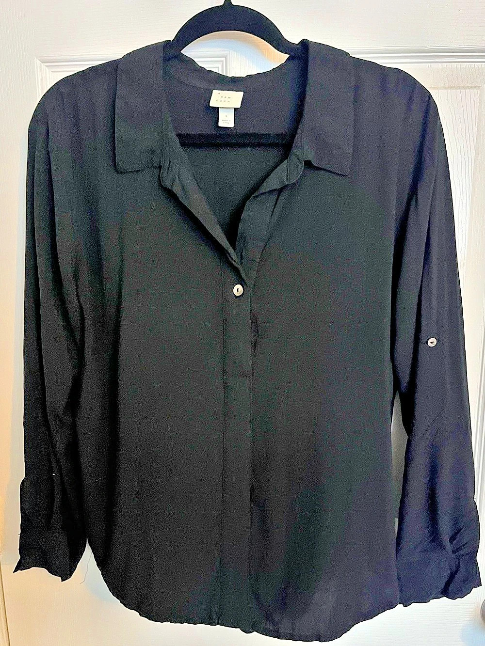 A New Day Black Roll-Tab Long Sleeve Button-Down Blouse Top - Size L
